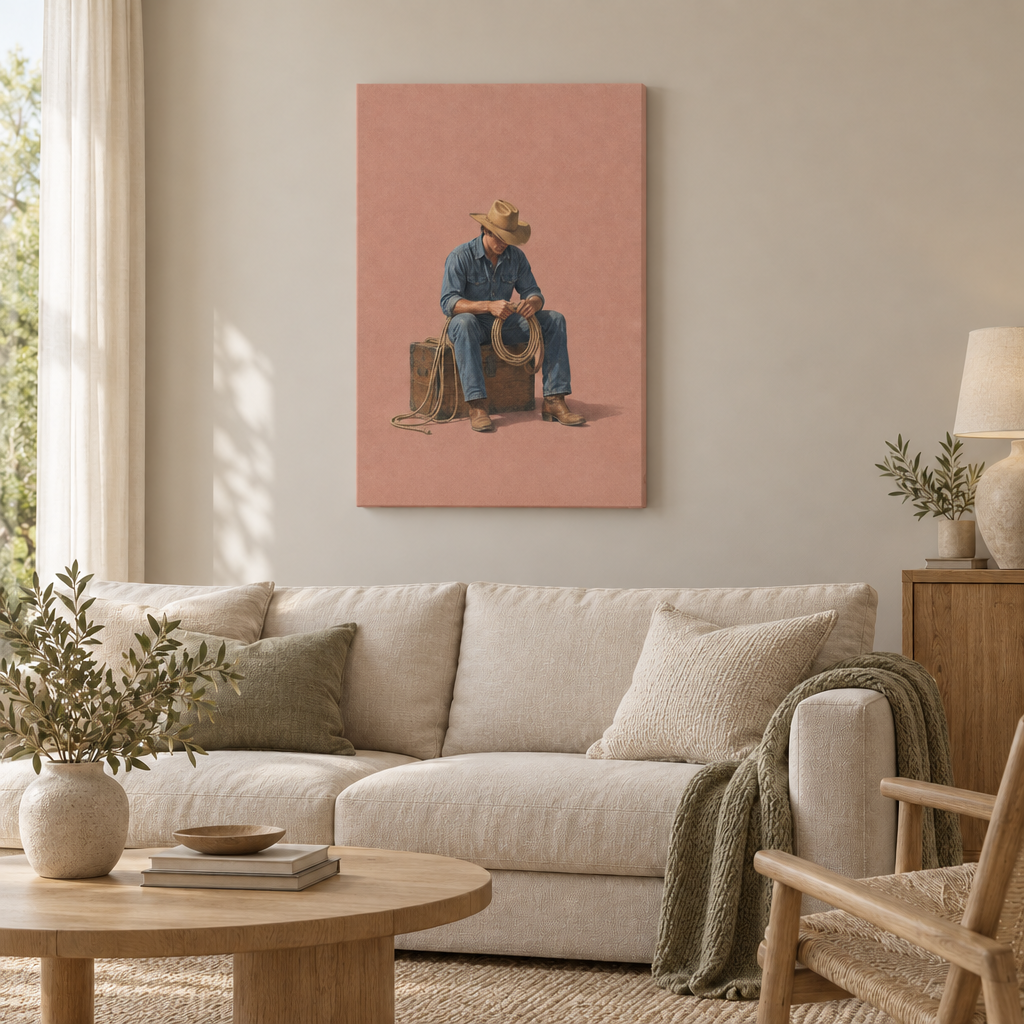 Feierabend im Sattel – Cowboy Wandbild als rahmenlose Slim-Leinwand über einem cremefarbenen Sofa im Wohnzimmer.