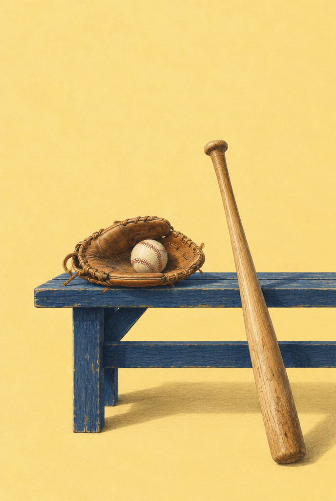 Gezeichnetes Baseball-Stillleben mit Handschuh, Ball und Holzschläger an einer blauen Bank auf gelbem Grund.
