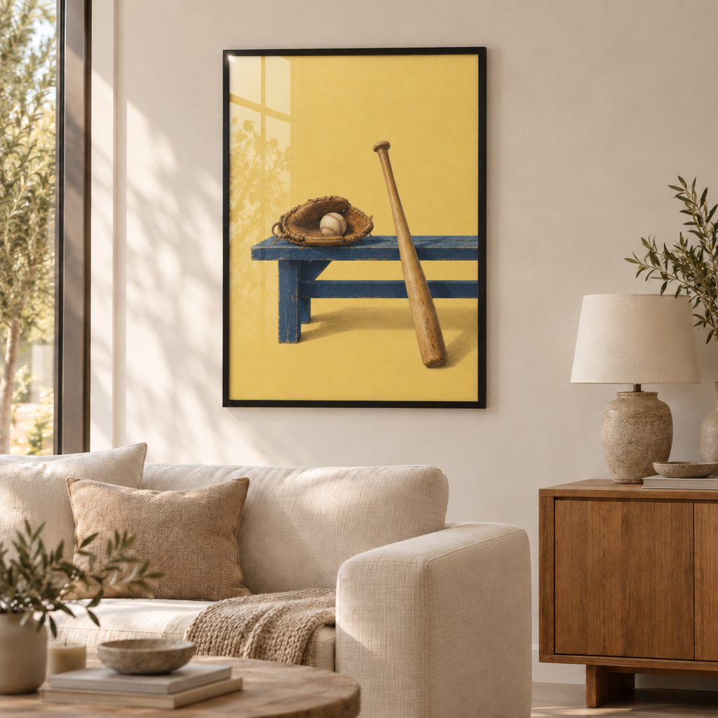 Noch ein Inning – Baseball Wandbild als Poster im schwarzen Holzrahmen mit Verglasung über einem cremefarbenen Sofa im Wohnzimmer.