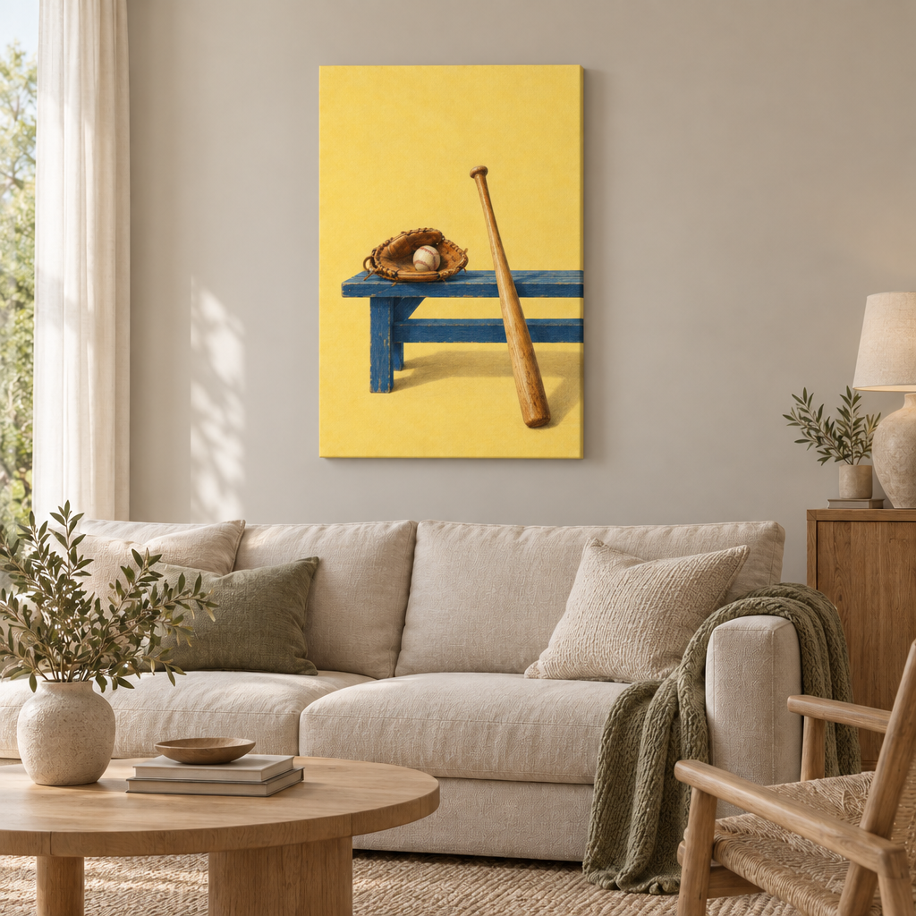 Noch ein Inning – Baseball Wandbild als rahmenlose Slim-Leinwand über einem cremefarbenen Sofa im Wohnzimmer.