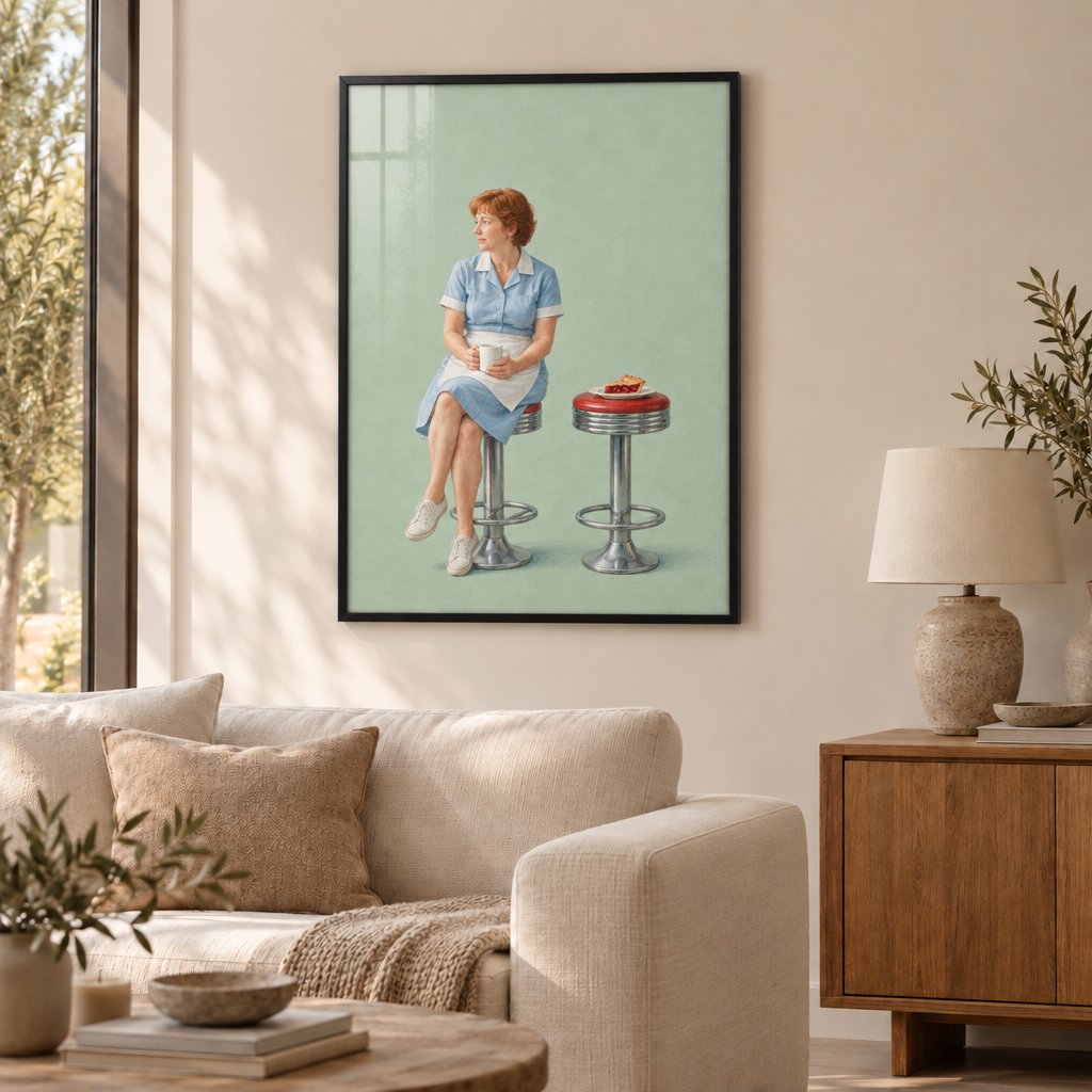 Die Kaffeepause – American Diner Wandbild als Poster im schwarzen Holzrahmen mit Verglasung über einem cremefarbenen Sofa im Wohnzimmer.