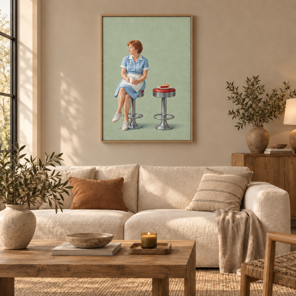 Die Kaffeepause – American Diner Wandbild als Leinwand im Naturholz-Schattenfugenrahmen über einem cremefarbenen Sofa im Wohnzimmer.