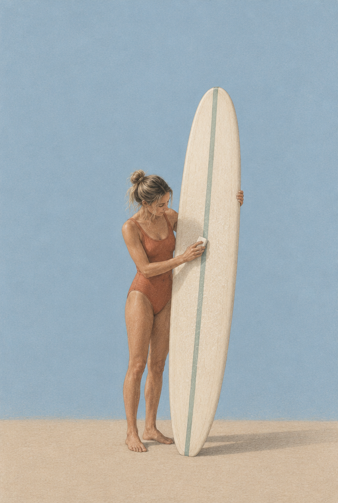 Gezeichnete Surferin im terrakottafarbenen Badeanzug neben einem hellen Longboard vor blauem Hintergrund.