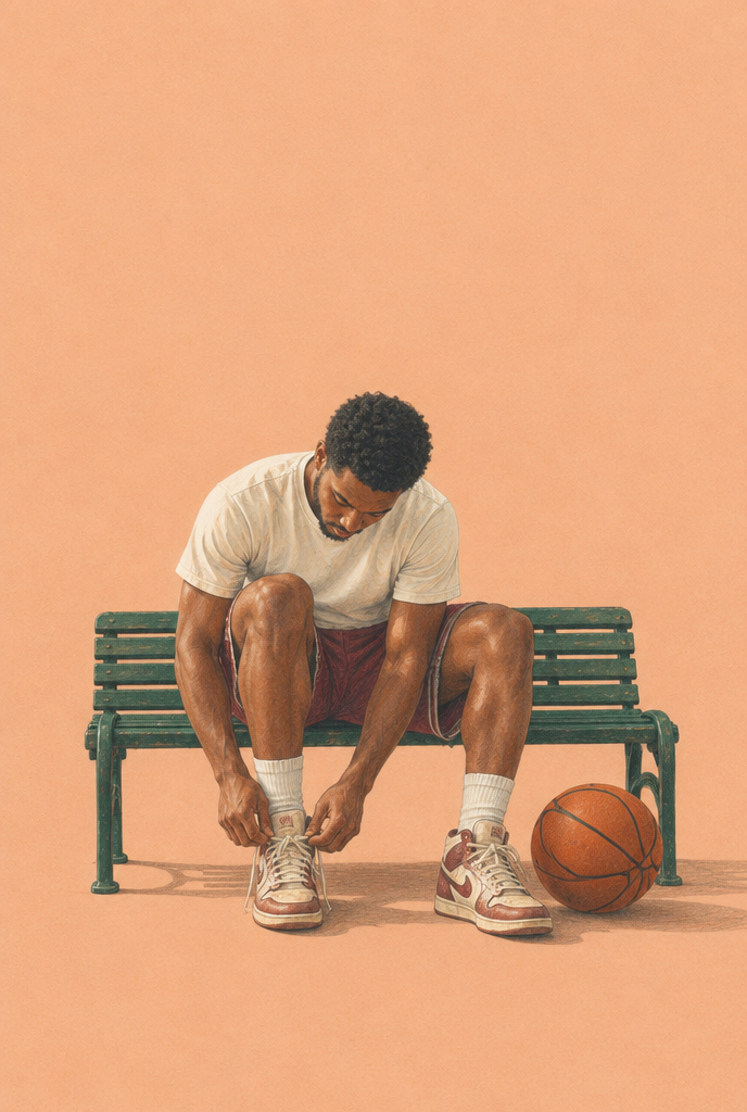 Gezeichneter Basketballspieler beim Schuhe-Binden auf einer grünen Bank, daneben ein orangefarbener Ball.