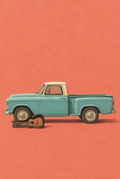 Gezeichneter türkisfarbener Vintage-Pickup in Seitenansicht vor korallfarbenem Hintergrund.