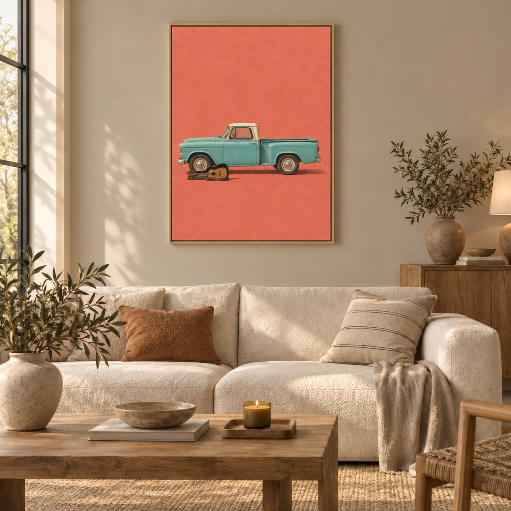 Pause an der Route 66 – Vintage Pickup Wandbild als Leinwand im Naturholz-Schattenfugenrahmen über einem cremefarbenen Sofa im Wohnzimmer.