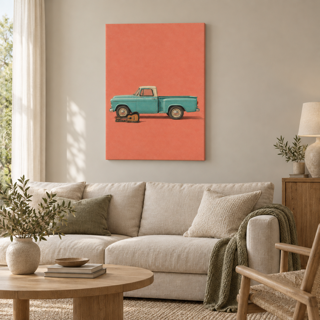 Pause an der Route 66 – Vintage Pickup Wandbild als rahmenlose Slim-Leinwand über einem cremefarbenen Sofa im Wohnzimmer.