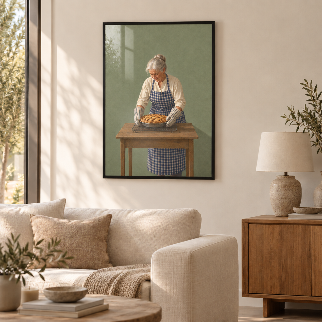 Amerikanischer Apfelkuchen – Küche Wandbild als Poster im schwarzen Holzrahmen mit Verglasung über einem cremefarbenen Sofa im Wohnzimmer.