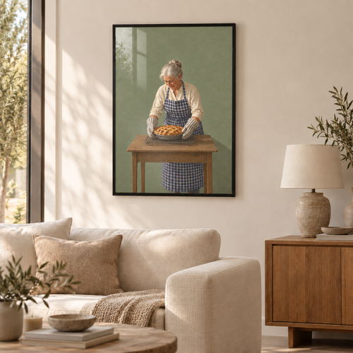 Amerikanischer Apfelkuchen – Küche Wandbild als Poster im schwarzen Holzrahmen mit Verglasung über einem cremefarbenen Sofa im Wohnzimmer.