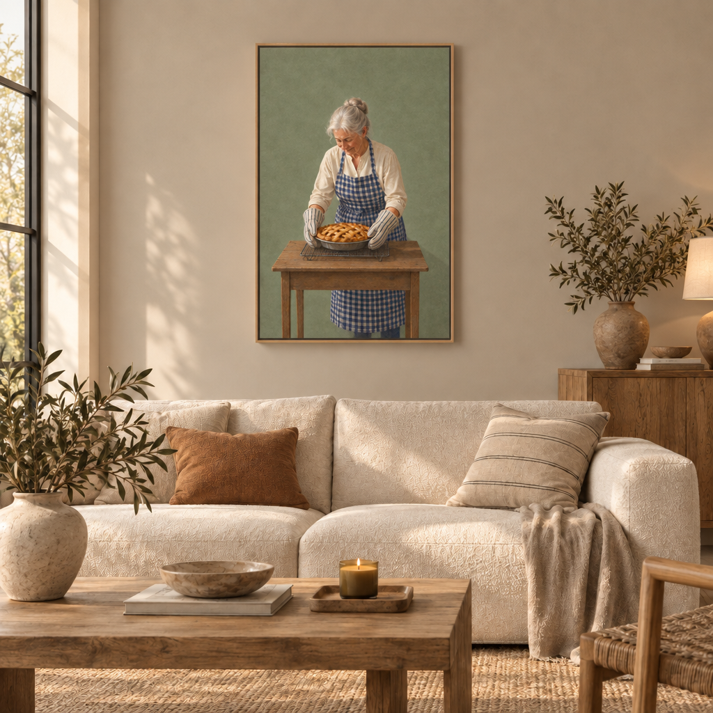 Amerikanischer Apfelkuchen – Küche Wandbild als Leinwand im Naturholz-Schattenfugenrahmen über einem cremefarbenen Sofa im Wohnzimmer.