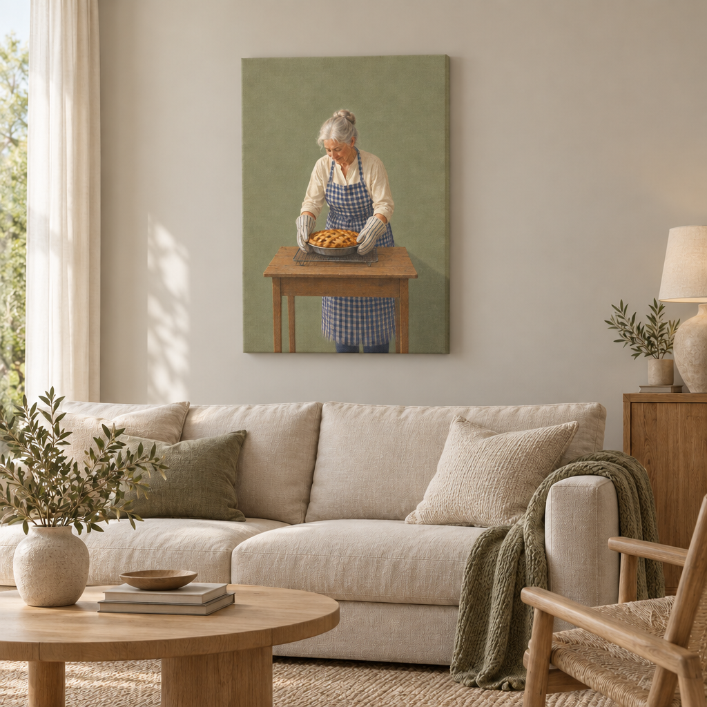 Amerikanischer Apfelkuchen – Küche Wandbild als rahmenlose Slim-Leinwand über einem cremefarbenen Sofa im Wohnzimmer.