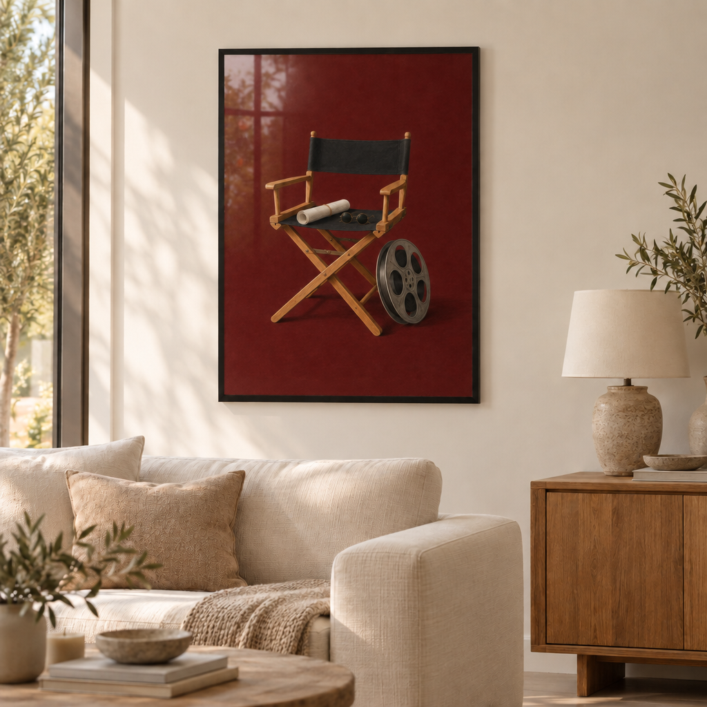 Zwischen zwei Takes – Kino Wandbild als Poster im schwarzen Holzrahmen mit Verglasung über einem cremefarbenen Sofa im Wohnzimmer.