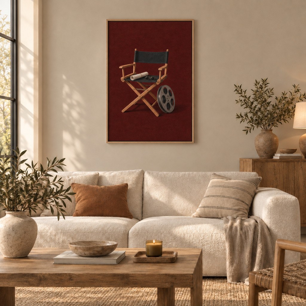 Zwischen zwei Takes – Kino Wandbild als Leinwand im Naturholz-Schattenfugenrahmen über einem cremefarbenen Sofa im Wohnzimmer.