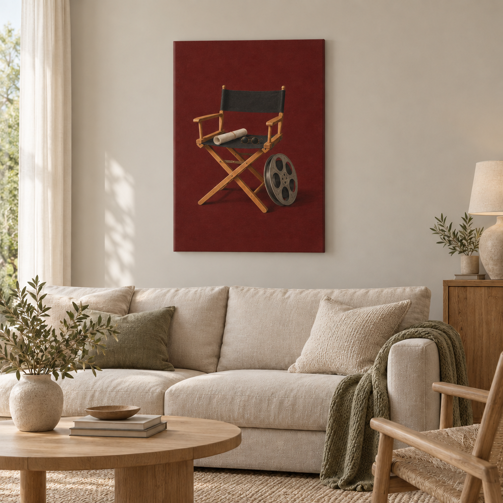 Zwischen zwei Takes – Kino Wandbild als rahmenlose Slim-Leinwand über einem cremefarbenen Sofa im Wohnzimmer.