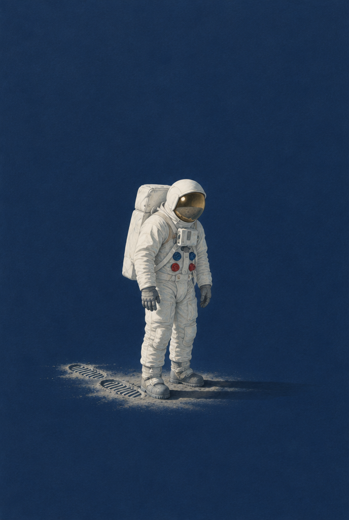 Gezeichneter Astronaut im weißen Raumanzug auf heller Mondoberfläche vor nachtblauem Hintergrund.