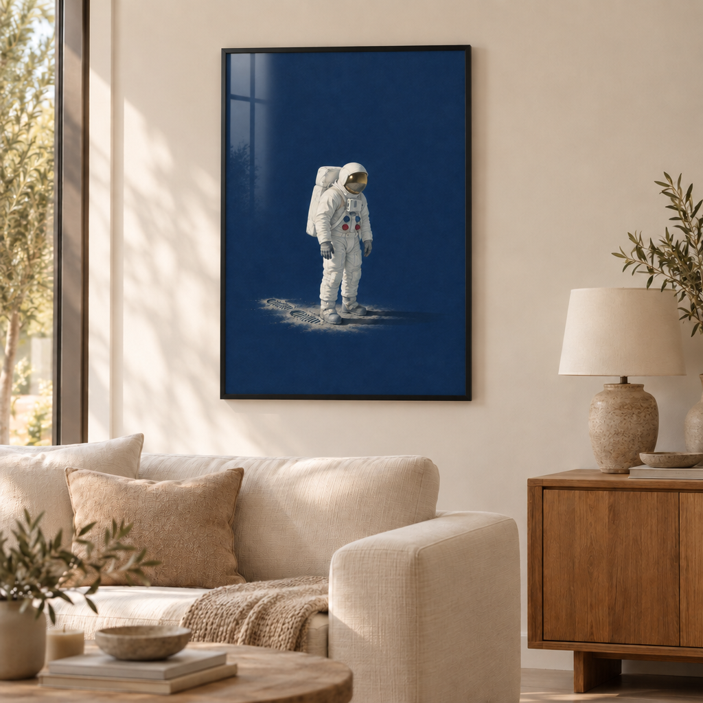 Ein kleiner Schritt – Astronaut Wandbild als Poster im schwarzen Holzrahmen mit Verglasung über einem cremefarbenen Sofa im Wohnzimmer.