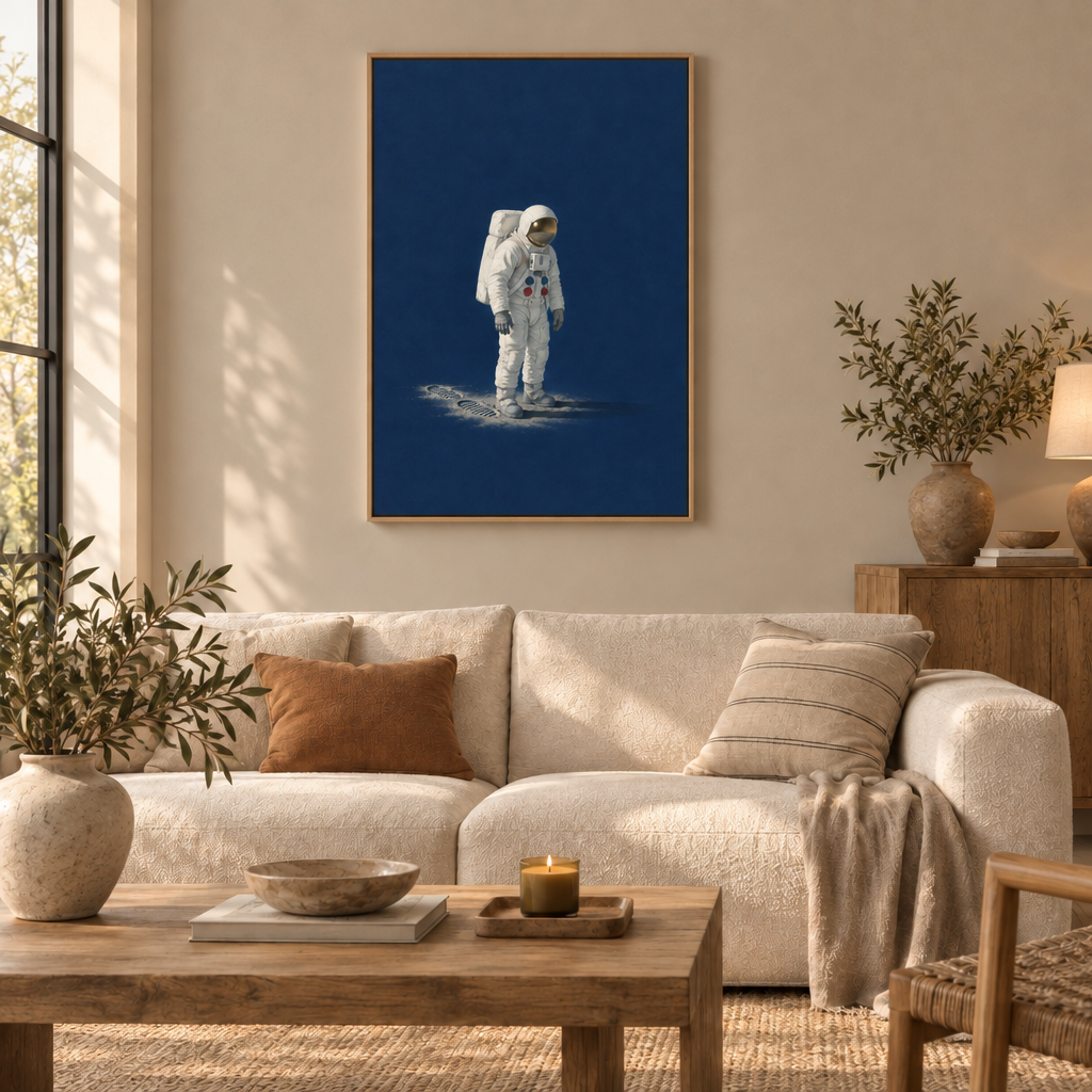 Ein kleiner Schritt – Astronaut Wandbild als Leinwand im Naturholz-Schattenfugenrahmen über einem cremefarbenen Sofa im Wohnzimmer.