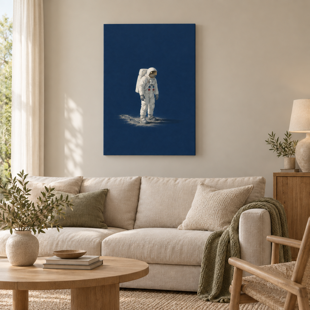 Ein kleiner Schritt – Astronaut Wandbild als rahmenlose Slim-Leinwand über einem cremefarbenen Sofa im Wohnzimmer.