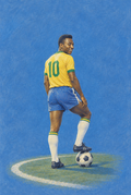 Gezeichnete Darstellung von Pelé im gelben Brasilien-Trikot mit Nummer 10, ein Fuß auf dem Ball, vor blauem Grund.