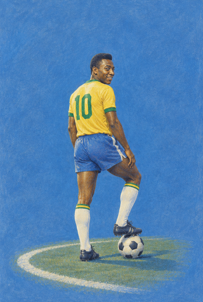 Gezeichnete Darstellung von Pelé im gelben Brasilien-Trikot mit Nummer 10, ein Fuß auf dem Ball, vor blauem Grund.