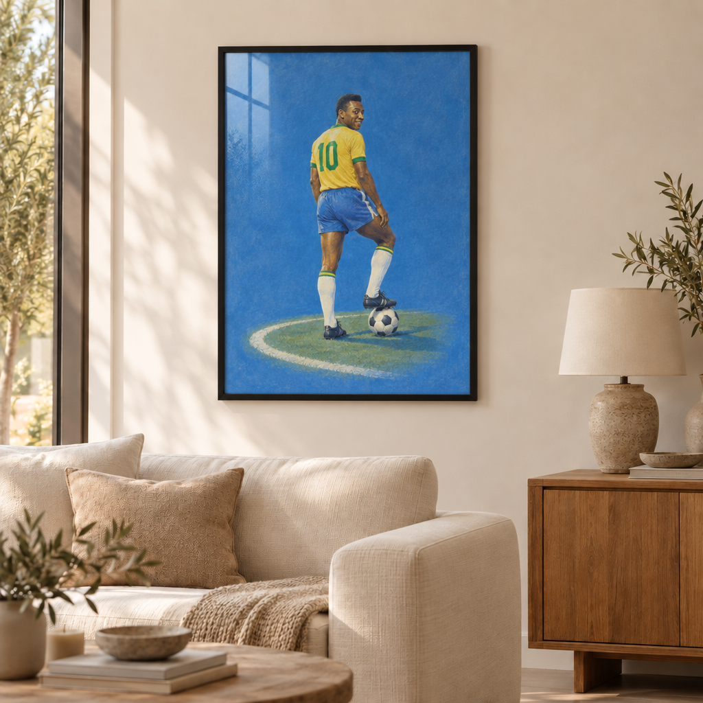 Pelé – Die Nummer 10 | Brasilien Wandbild als Poster im schwarzen Holzrahmen mit Verglasung über einem cremefarbenen Sofa im Wohnzimmer.