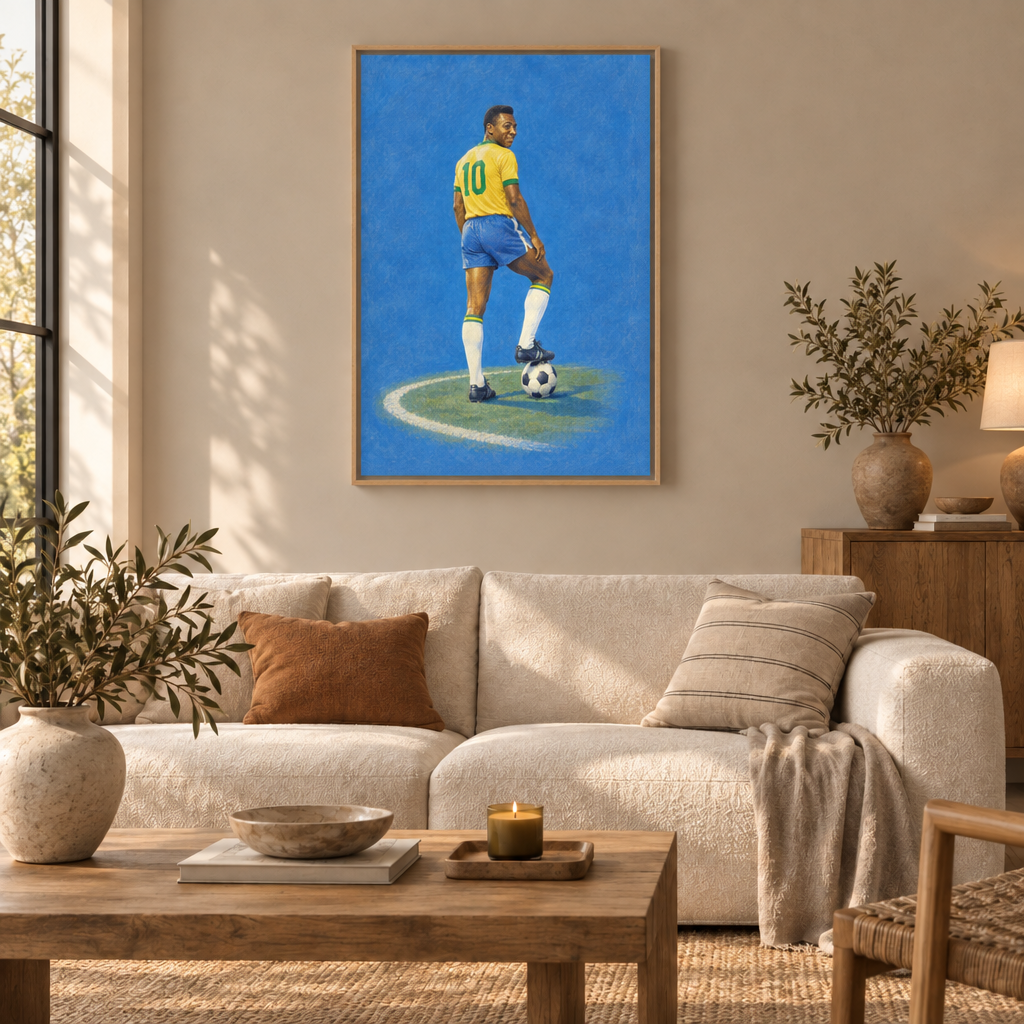 Pelé – Die Nummer 10 | Brasilien Wandbild als Leinwand im Naturholz-Schattenfugenrahmen über einem cremefarbenen Sofa im Wohnzimmer.