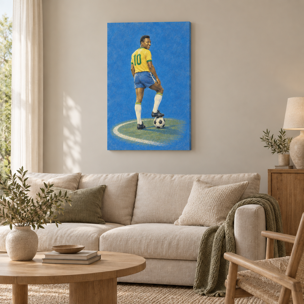 Pelé – Die Nummer 10 | Brasilien Wandbild als rahmenlose Slim-Leinwand über einem cremefarbenen Sofa im Wohnzimmer.