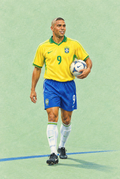 Gezeichnete Darstellung von Ronaldo Nazário im gelben Brasilien-Trikot mit Nummer 9 und Fußball vor mintgrünem Hintergrund.