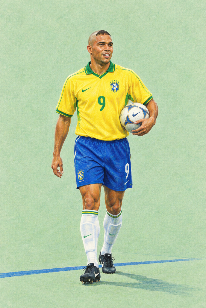 Gezeichnete Darstellung von Ronaldo Nazário im gelben Brasilien-Trikot mit Nummer 9 und Fußball vor mintgrünem Hintergrund.