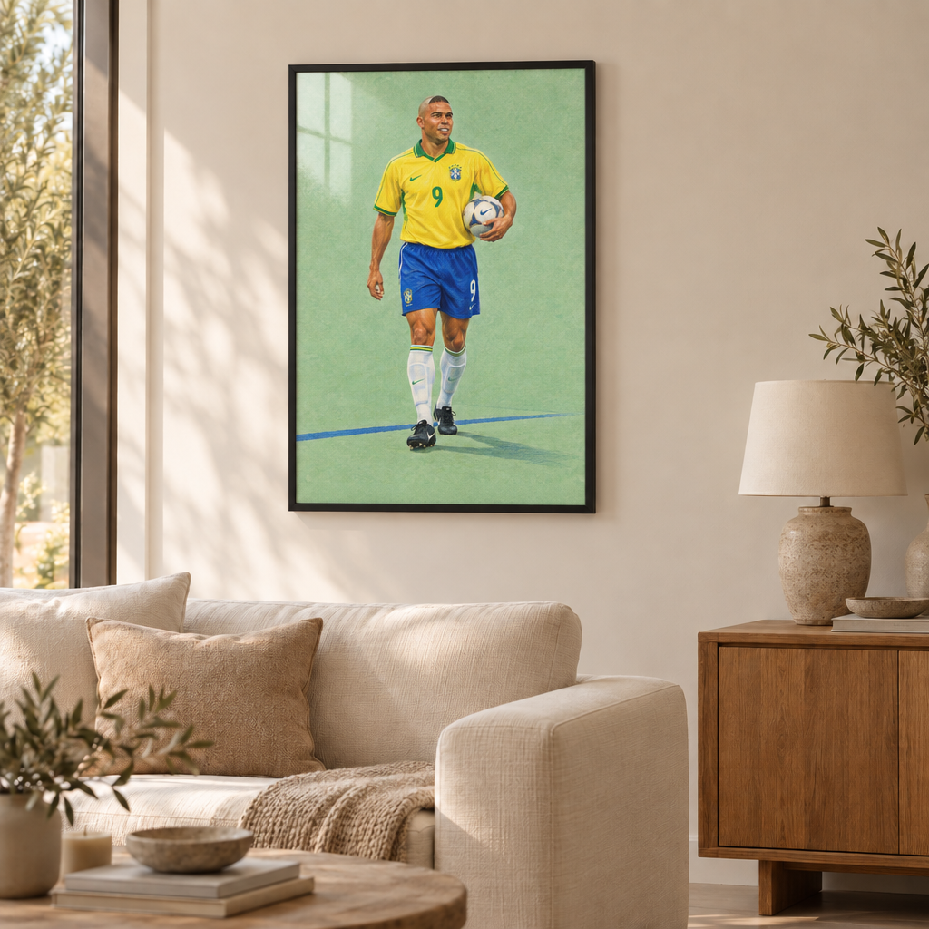 Ronaldo – Sommer 2002 | Brasilien Wandbild als Poster im schwarzen Holzrahmen mit Verglasung über einem cremefarbenen Sofa im Wohnzimmer.