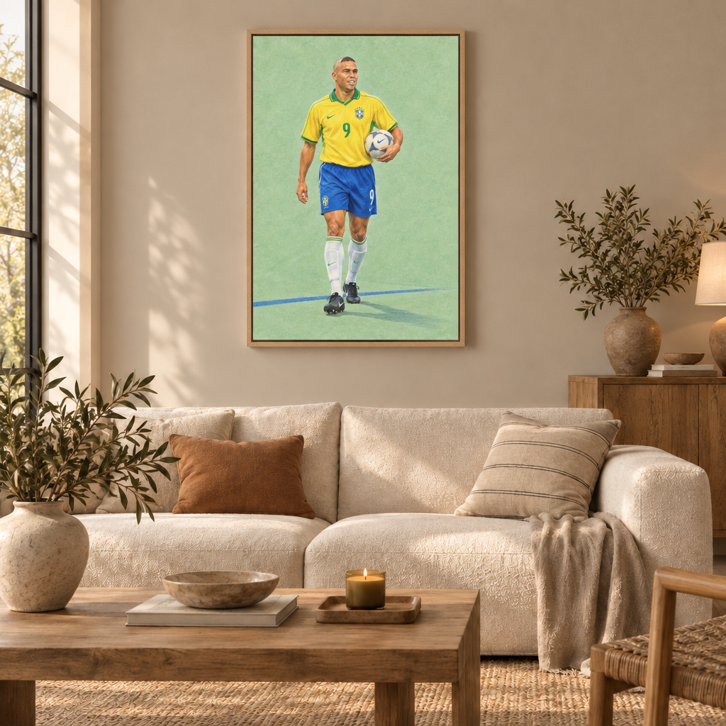 Ronaldo – Sommer 2002 | Brasilien Wandbild als Leinwand im Naturholz-Schattenfugenrahmen über einem cremefarbenen Sofa im Wohnzimmer.
