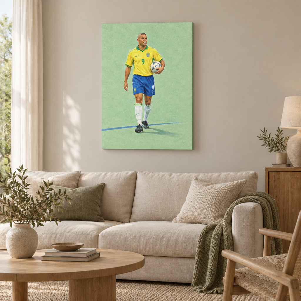 Ronaldo – Sommer 2002 | Brasilien Wandbild als rahmenlose Slim-Leinwand über einem cremefarbenen Sofa im Wohnzimmer.