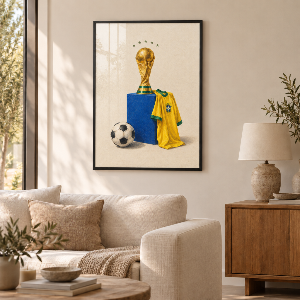 Fünf Sterne, ein Traum | Brasilien Fußball Wandbild als Poster im schwarzen Holzrahmen mit Verglasung über einem cremefarbenen Sofa im Wohnzimmer.