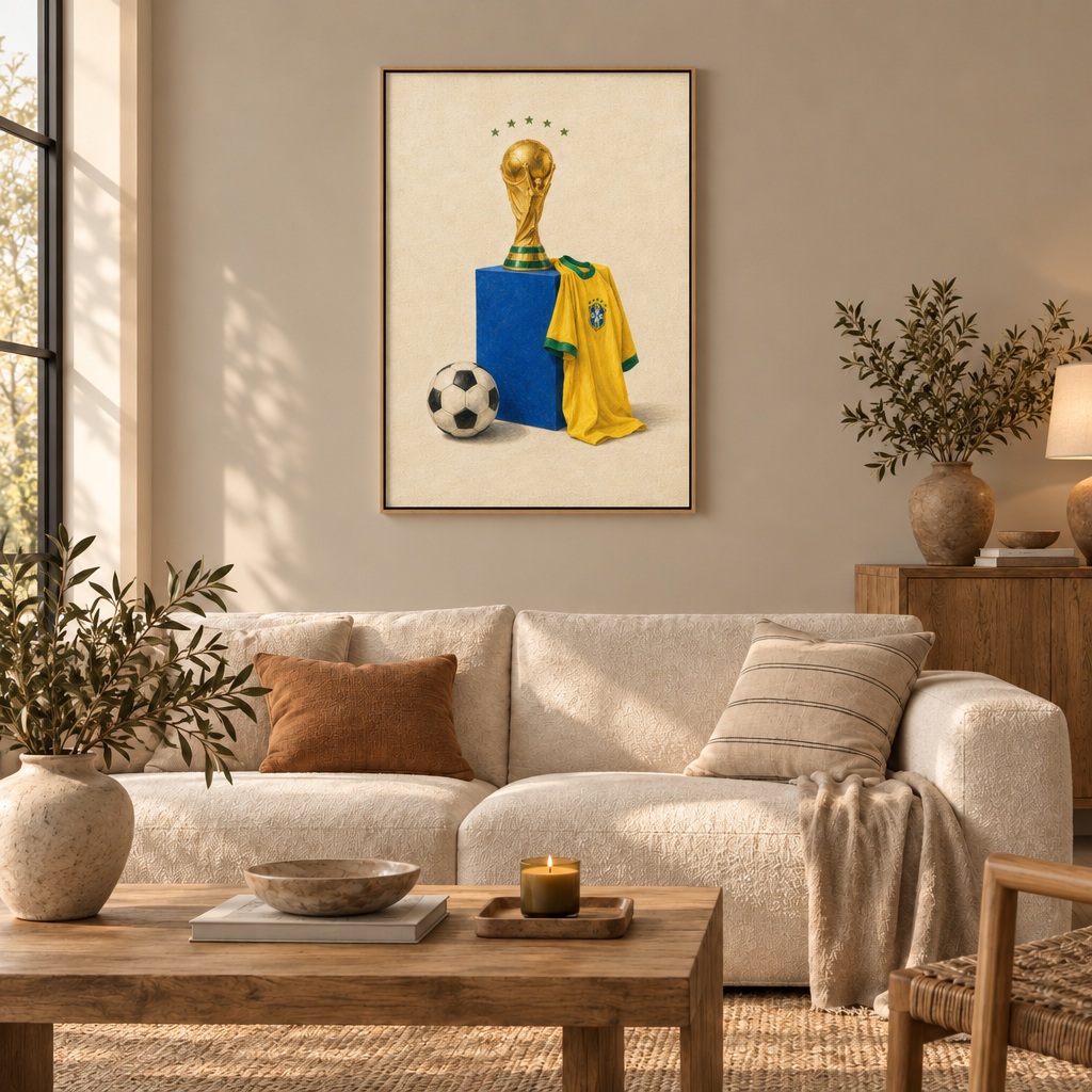 Fünf Sterne, ein Traum | Brasilien Fußball Wandbild als Leinwand im Naturholz-Schattenfugenrahmen über einem cremefarbenen Sofa im Wohnzimmer.
