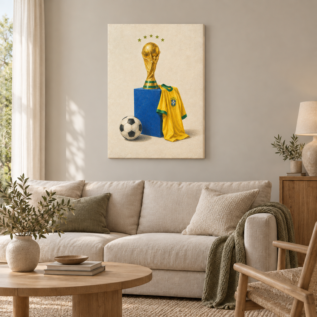 Fünf Sterne, ein Traum | Brasilien Fußball Wandbild als rahmenlose Slim-Leinwand über einem cremefarbenen Sofa im Wohnzimmer.