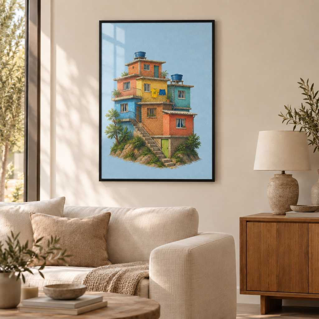 Farben über der Favela | Rio Wandbild als Poster im schwarzen Holzrahmen mit Verglasung über einem cremefarbenen Sofa im Wohnzimmer.