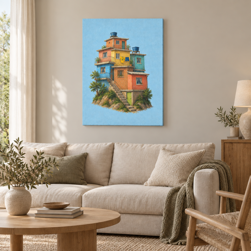 Farben über der Favela | Rio Wandbild als rahmenlose Slim-Leinwand über einem cremefarbenen Sofa im Wohnzimmer.