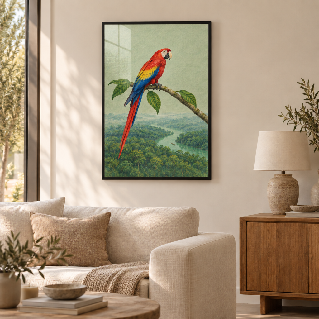 Amazonas – Zwischen Fluss und Flügeln | Wandbild als Poster im schwarzen Holzrahmen mit Verglasung über einem cremefarbenen Sofa im Wohnzimmer.