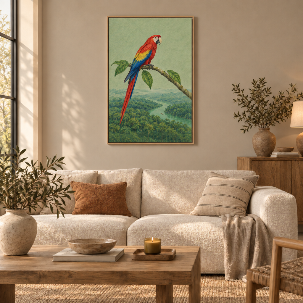 Amazonas – Zwischen Fluss und Flügeln | Wandbild als Leinwand im Naturholz-Schattenfugenrahmen über einem cremefarbenen Sofa im Wohnzimmer.