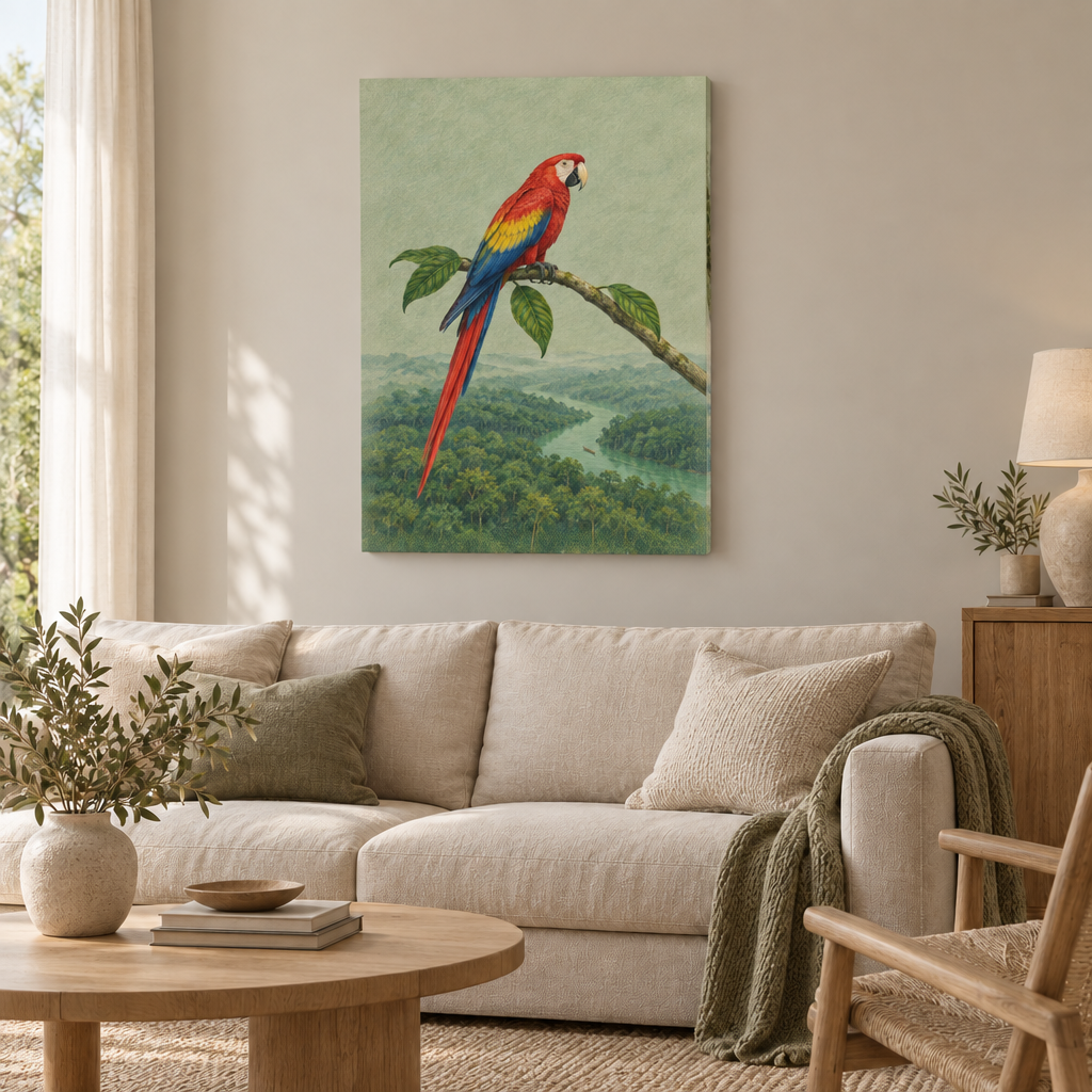 Amazonas – Zwischen Fluss und Flügeln | Wandbild als rahmenlose Slim-Leinwand über einem cremefarbenen Sofa im Wohnzimmer.
