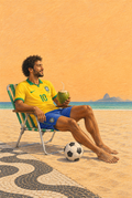 Gezeichneter Mann im gelben Brasilien-Trikot auf einem Strandstuhl mit Kokosnuss und Fußball an der Copacabana-Promenade.