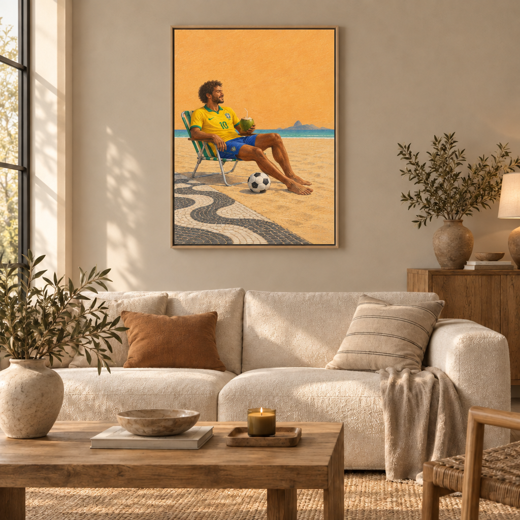 Copacabana – Nach dem Spiel | Brasilien Wandbild als Leinwand im Naturholz-Schattenfugenrahmen über einem cremefarbenen Sofa im Wohnzimmer.