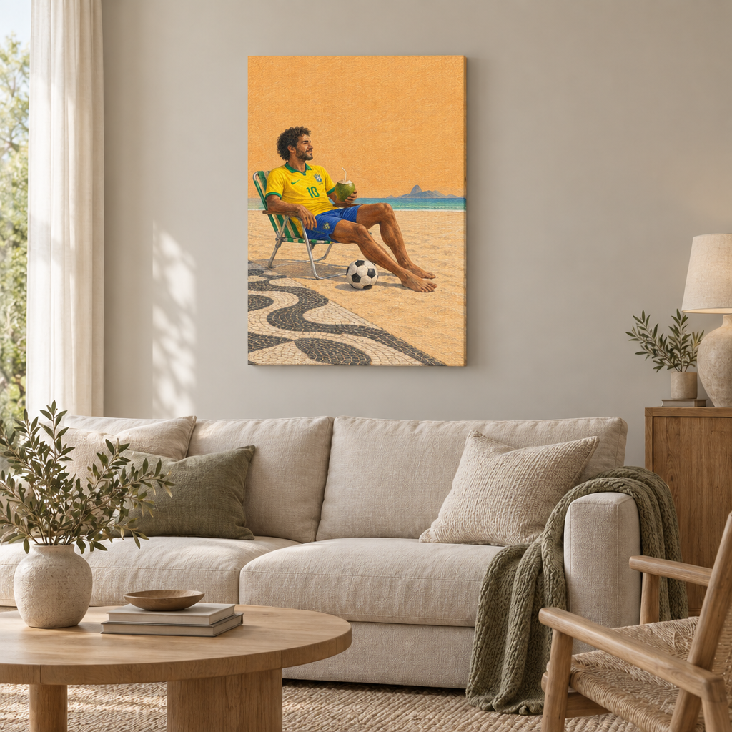 Copacabana – Nach dem Spiel | Brasilien Wandbild als rahmenlose Slim-Leinwand über einem cremefarbenen Sofa im Wohnzimmer.