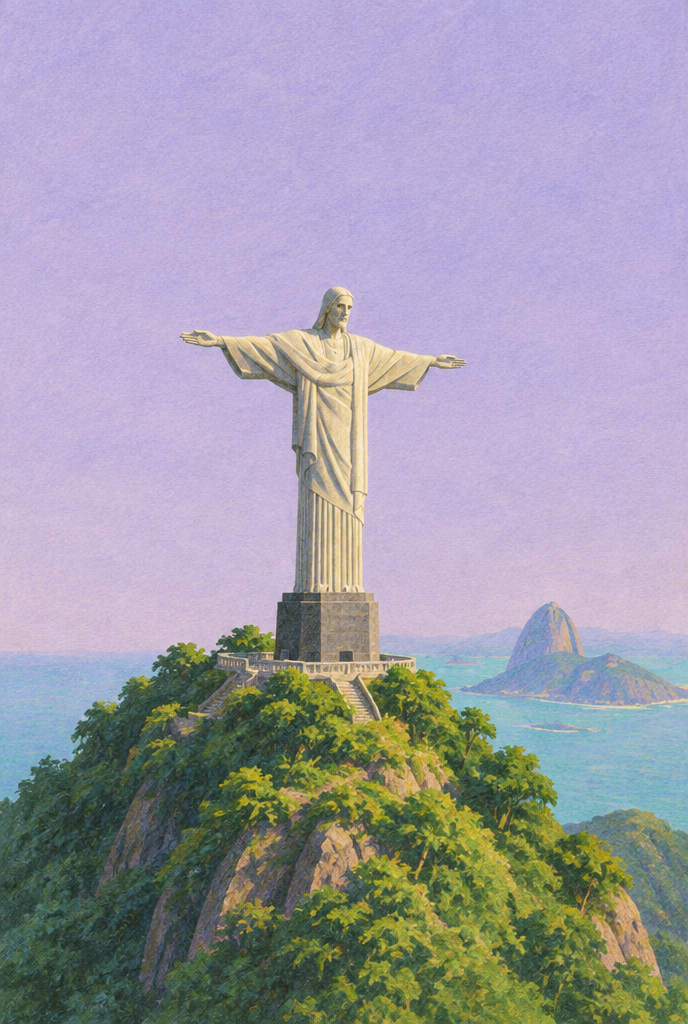 Gezeichnete Christusstatue mit ausgestreckten Armen auf grünem Berg vor fliederfarbenem Himmel und ferner Küstenlandschaft.
