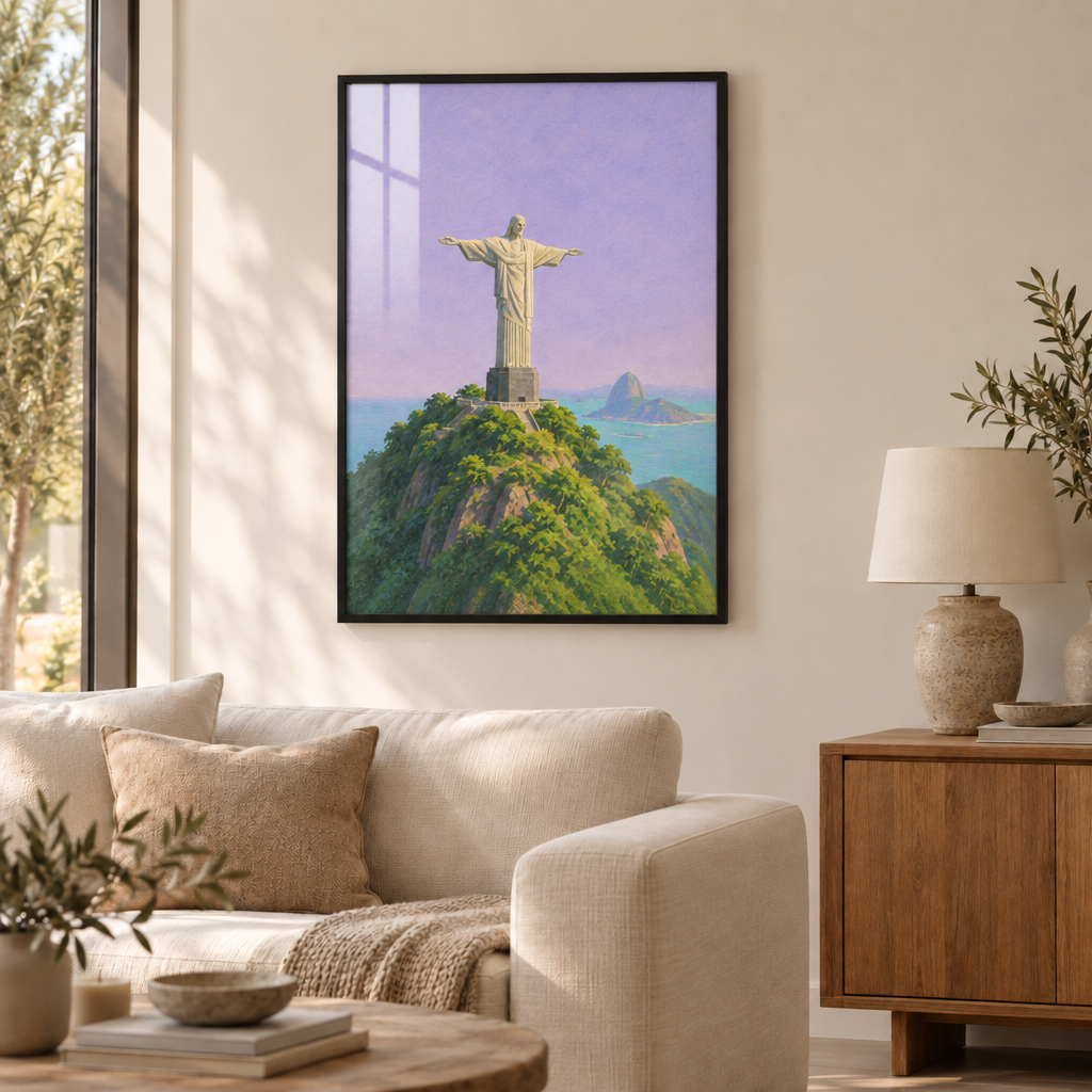 Rio in einer Geste – Cristo Redentor | Wandbild als Poster im schwarzen Holzrahmen mit Verglasung über einem cremefarbenen Sofa im Wohnzimmer.