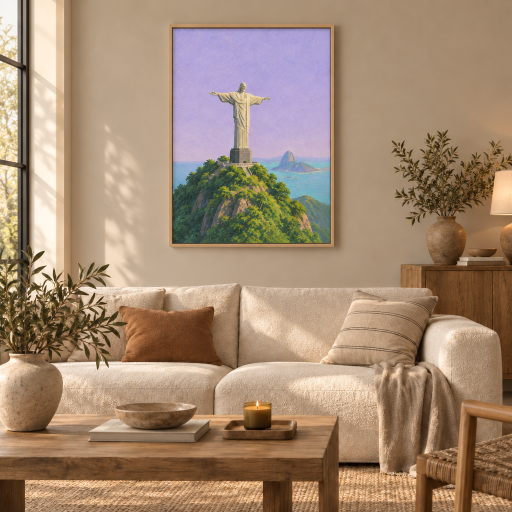 Rio in einer Geste – Cristo Redentor | Wandbild als Leinwand im Naturholz-Schattenfugenrahmen über einem cremefarbenen Sofa im Wohnzimmer.