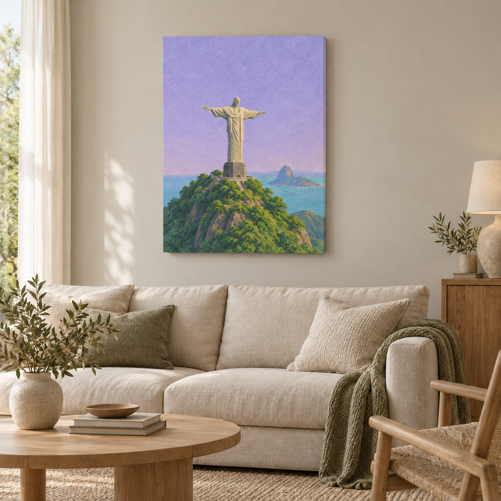 Rio in einer Geste – Cristo Redentor | Wandbild als rahmenlose Slim-Leinwand über einem cremefarbenen Sofa im Wohnzimmer.