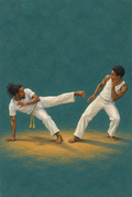 Gezeichnete Capoeira-Szene mit zwei Männern in weißer Kleidung und einer Ausweichbewegung vor petrolfarbenem Hintergrund.