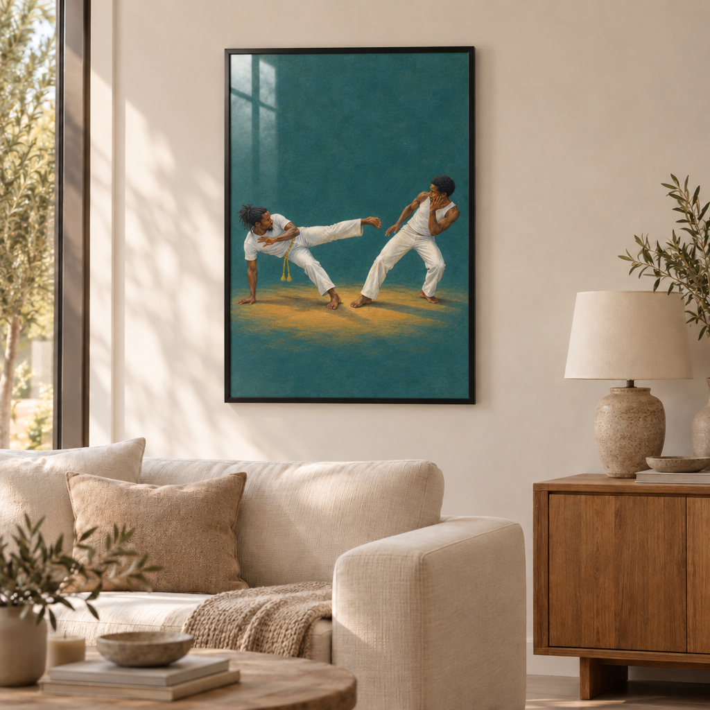 Capoeira – Bewegung aus Bahia | Wandbild als Poster im schwarzen Holzrahmen mit Verglasung über einem cremefarbenen Sofa im Wohnzimmer.