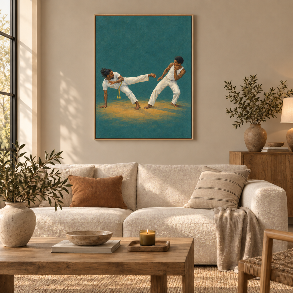 Capoeira – Bewegung aus Bahia | Wandbild als Leinwand im Naturholz-Schattenfugenrahmen über einem cremefarbenen Sofa im Wohnzimmer.